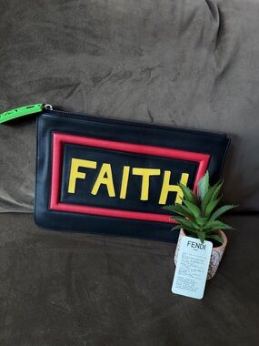 Fendi Men’s Black 'FAITH' Leather Pouch Red Trim and Yellow Lettering like New